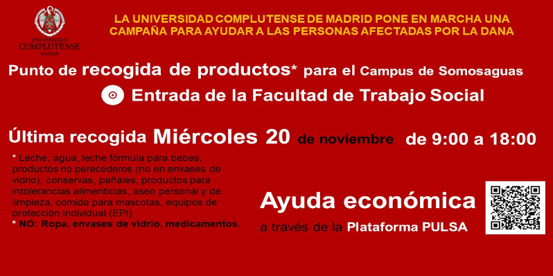 Campaña UCM para canalizar ayuda material y económica para personas afectadas por la DANA. .